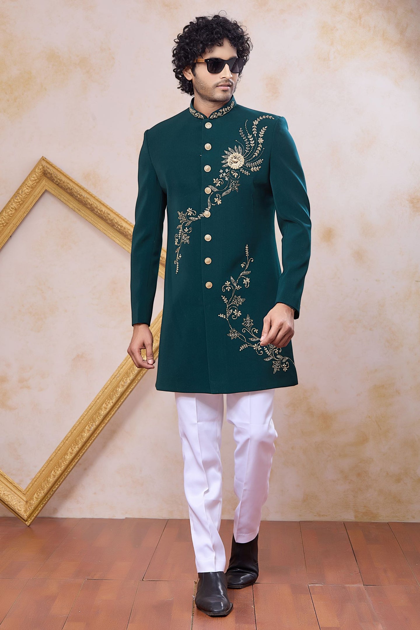Teal Art Silk Indo Western Clothes for Men with Zardosi and Bead Work