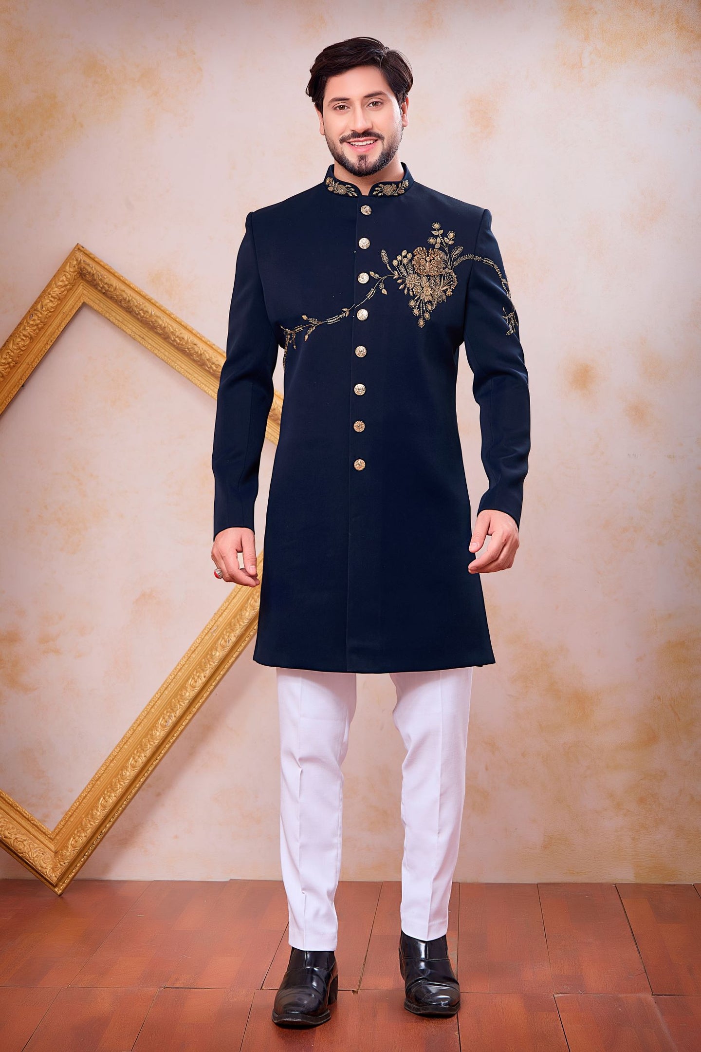 Navy Blue Art Silk Indo Western for Male with Zardosi Work