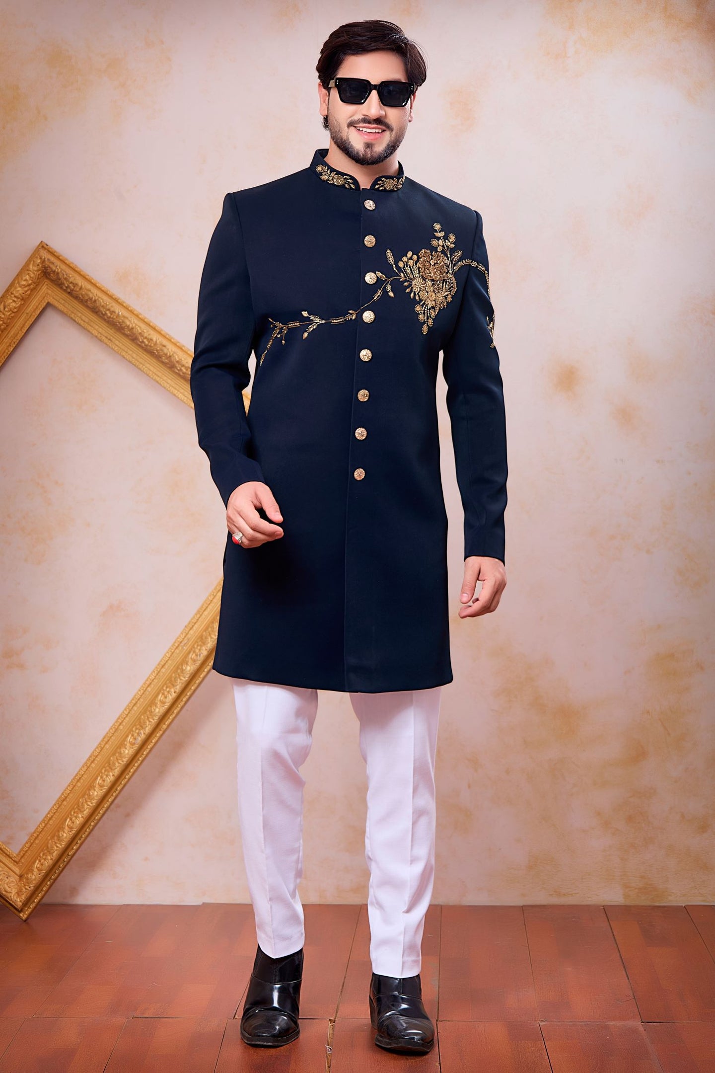 Navy Blue Art Silk Indo Western for Male with Zardosi Work