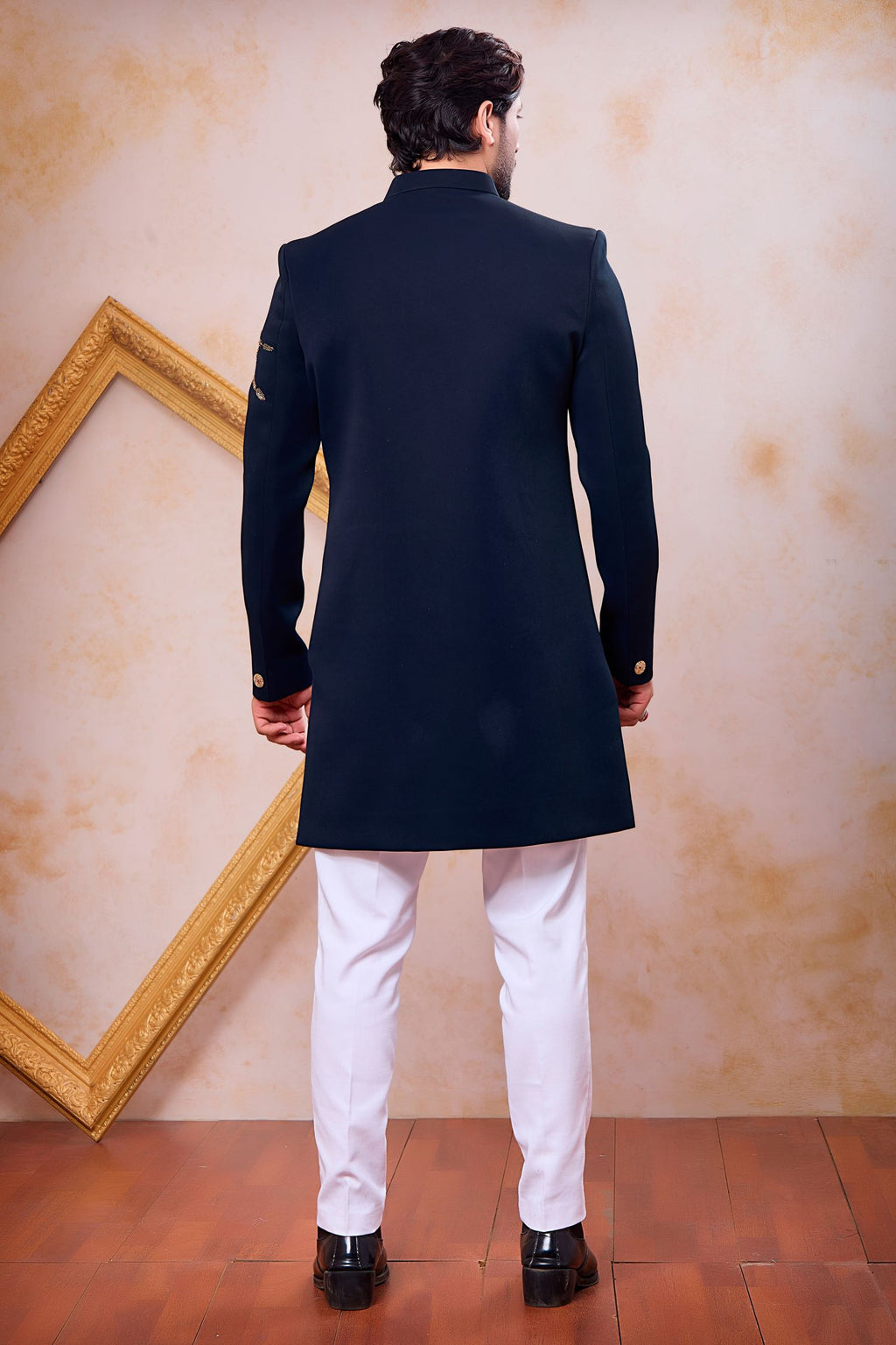 Navy Blue Art Silk Indo Western for Male with Zardosi Work