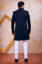 Navy Blue Art Silk Indo Western for Male with Zardosi Work