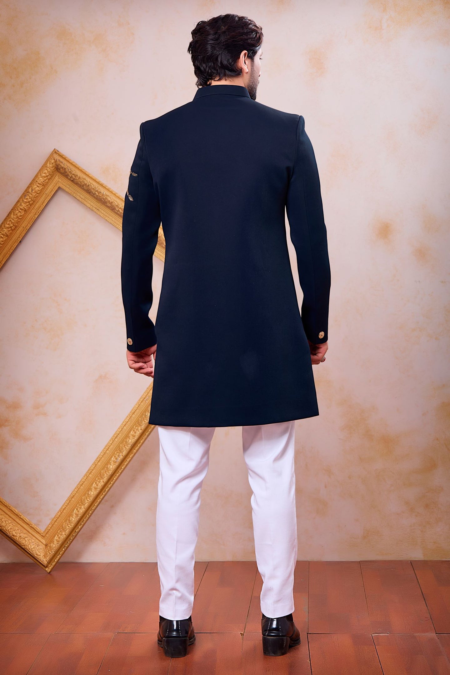 Navy Blue Art Silk Indo Western for Male with Zardosi Work