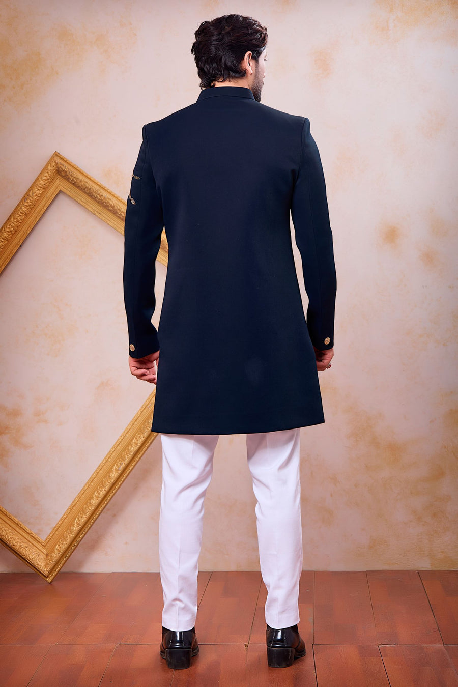Navy Blue Art Silk Indo Western for Male with Zardosi Work