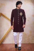 Plum Art Silk Zardosi and Bead Work Indo Western Outfits for Men