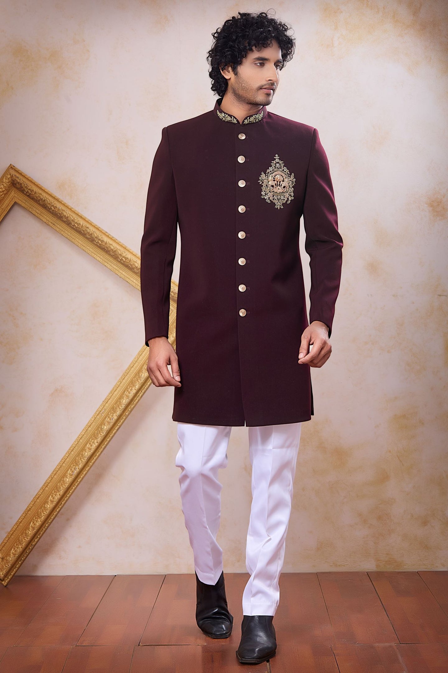 Plum Art Silk Zardosi and Bead Work Indo Western Outfits for Men