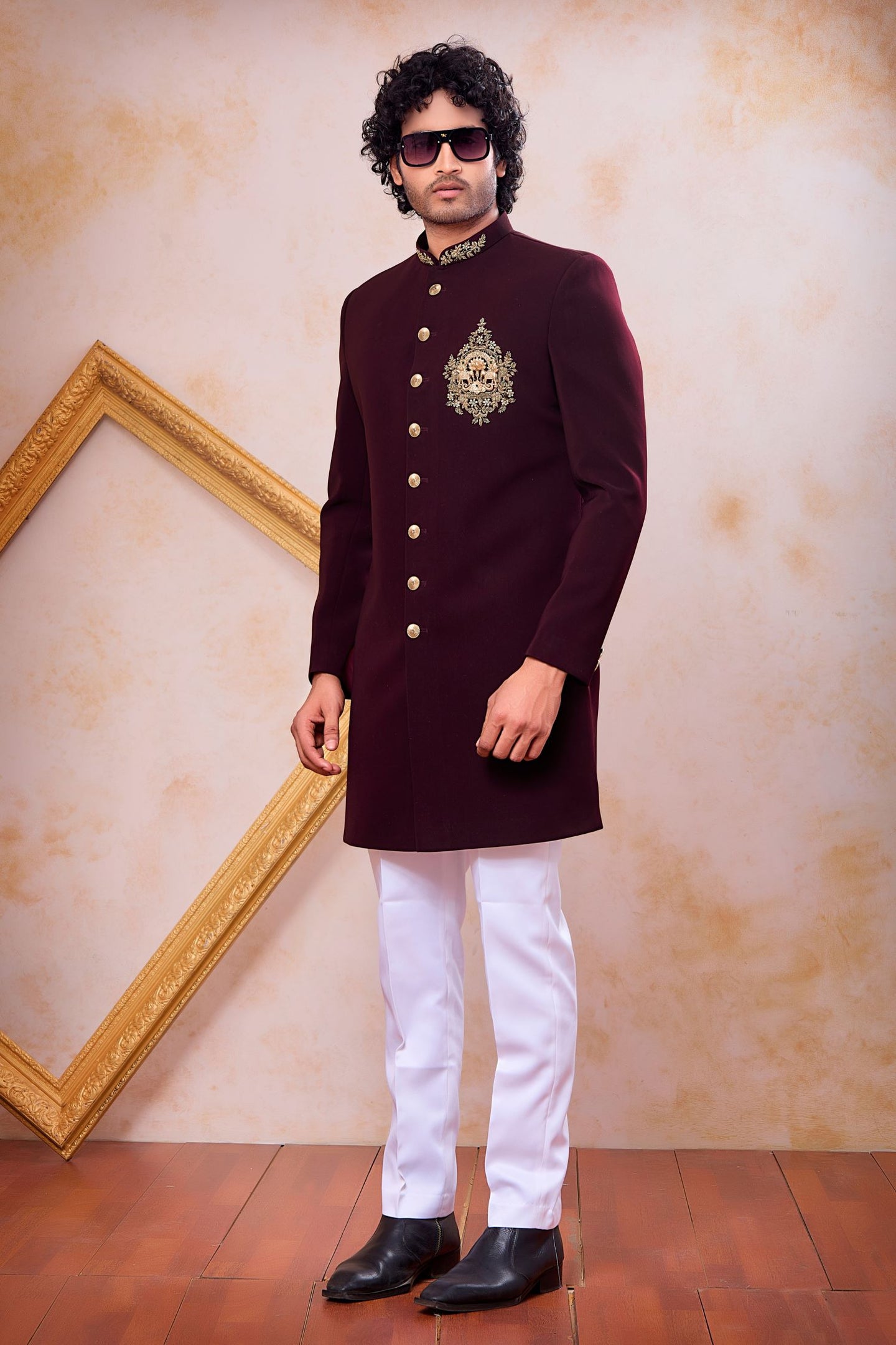 Plum Art Silk Zardosi and Bead Work Indo Western Outfits for Men