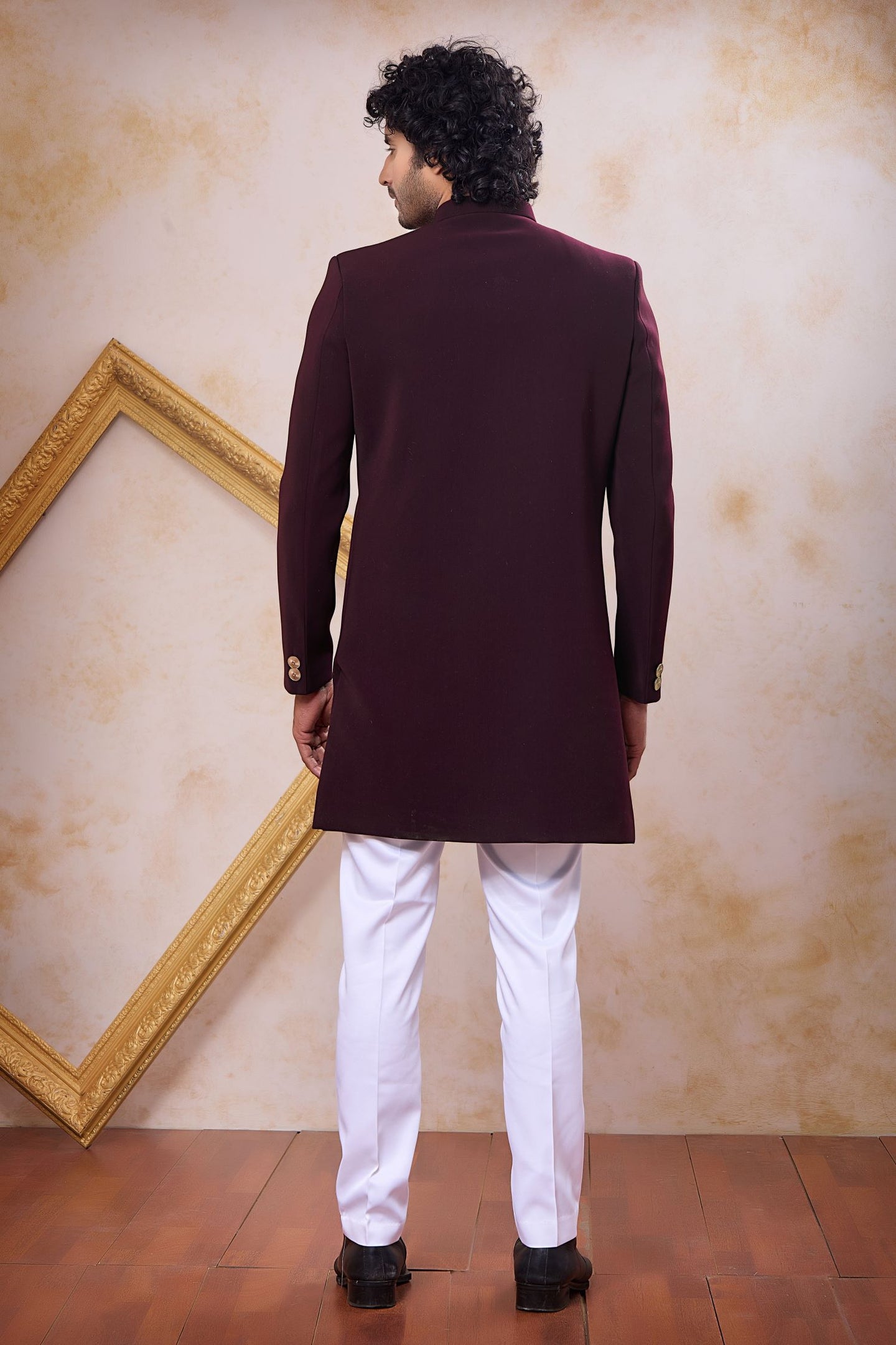 Plum Art Silk Zardosi and Bead Work Indo Western Outfits for Men