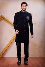 Black Indo Western Style Mens Indian Wedding Attire with Handwork