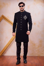 Black Art Silk Mens Indian Wedding Attire Indo Western