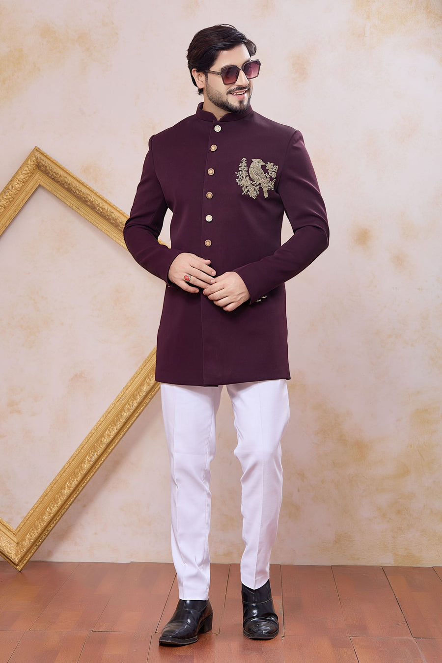 Plum Art Silk Men's Indo Western Clothing with Zardozi and Bead Work