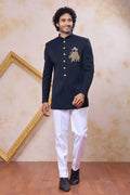 Dark Navy Art Silk Gents Indo Western with Zardosi and Bead Hand Work
