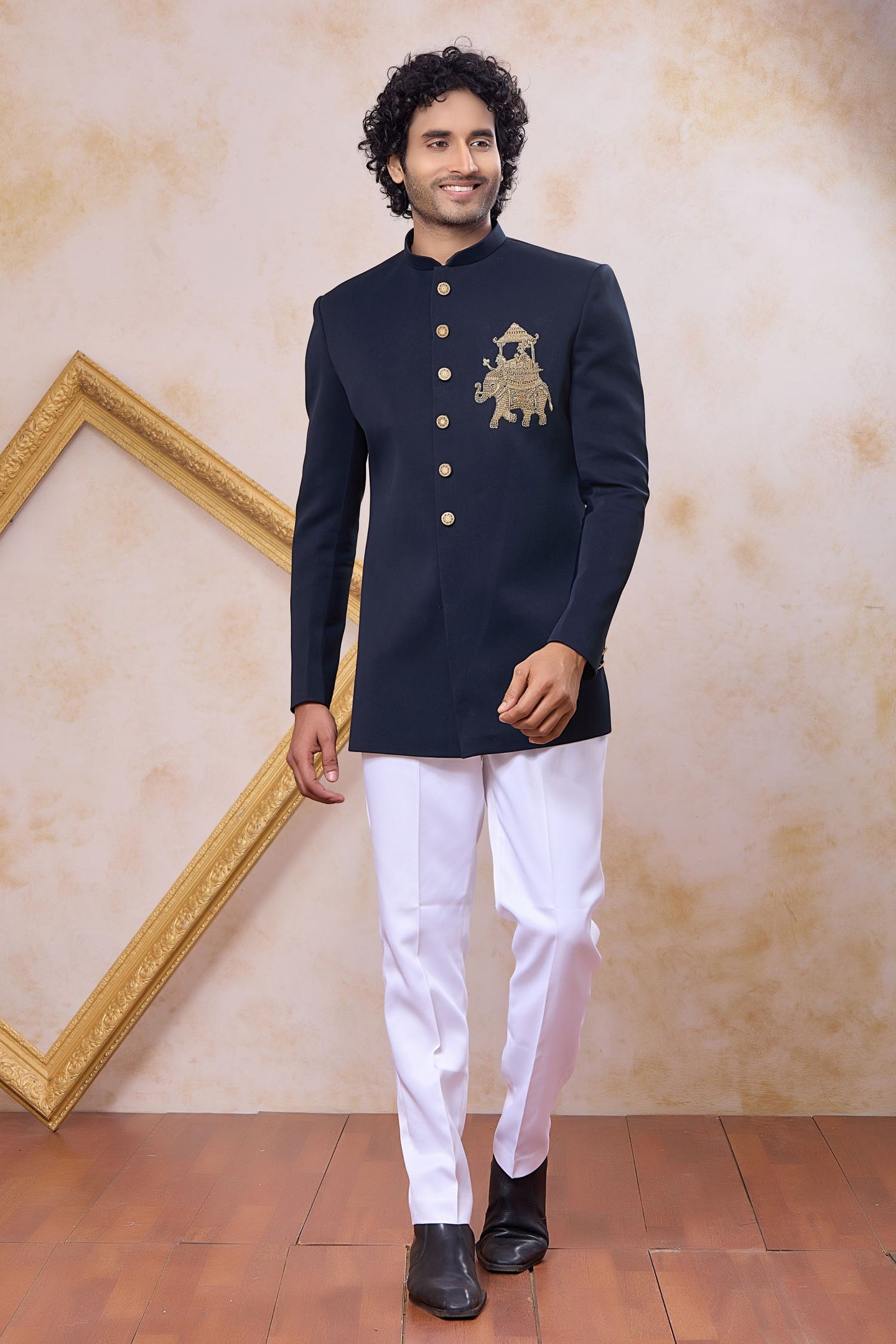 Dark Navy Art Silk Gents Indo Western with Zardosi and Bead Hand Work