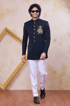 Dark Navy Art Silk Gents Indo Western with Zardosi and Bead Hand Work