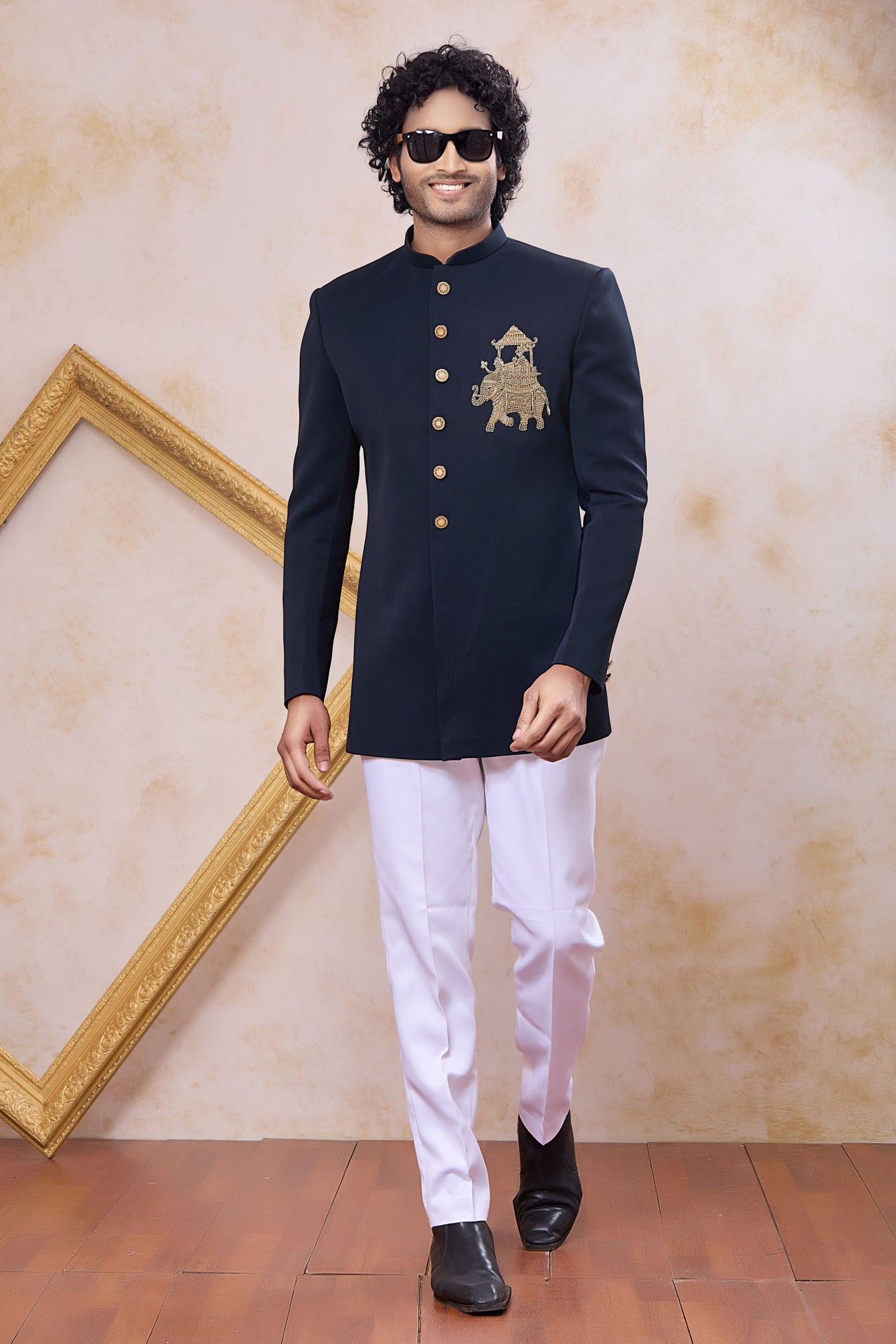Dark Navy Art Silk Gents Indo Western with Zardosi and Bead Hand Work