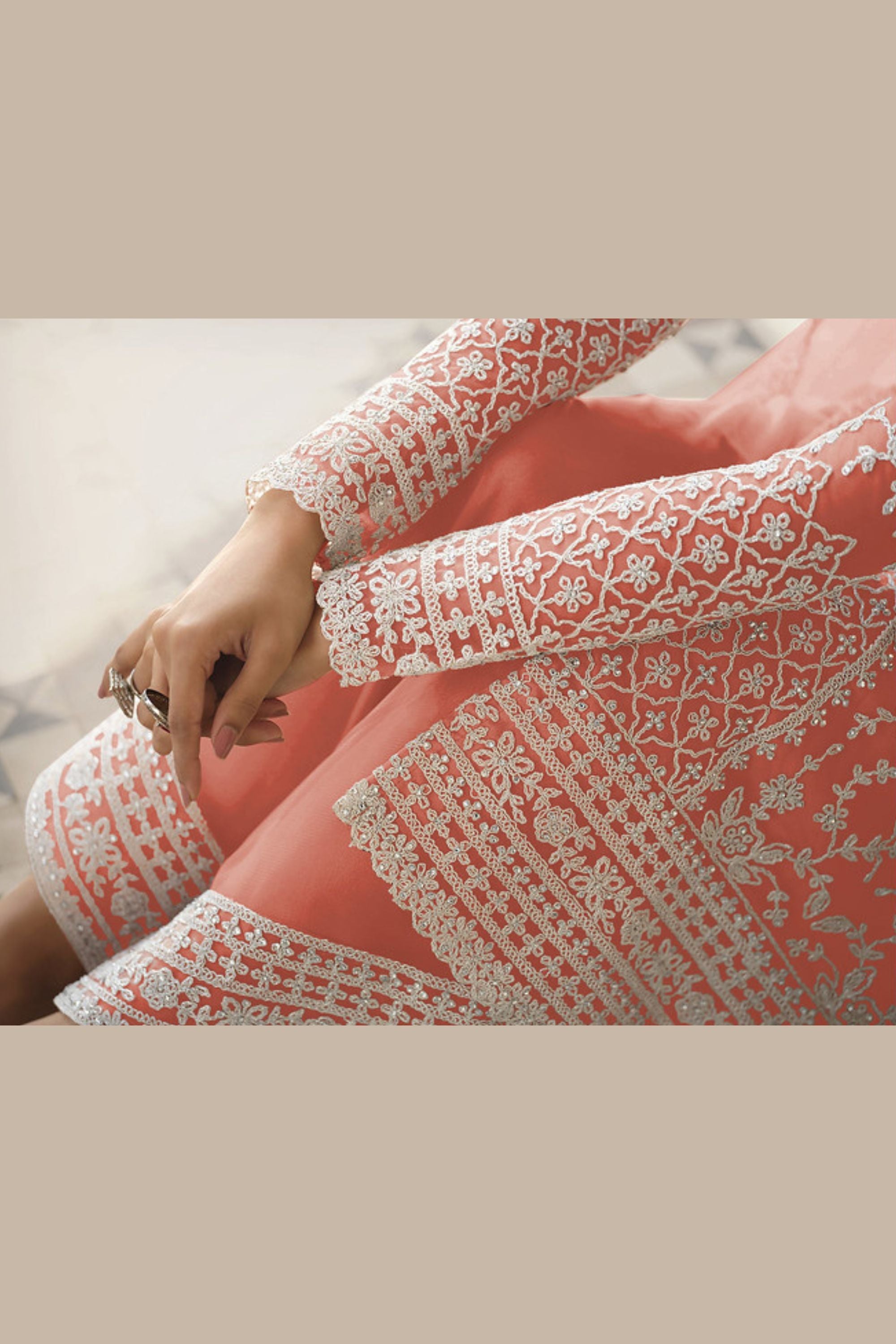 Light Orange Net & Cording Work Salwar Kameez Plazzo Suit For Indian Wedding & Festival - Embroidery Work, Cording Work