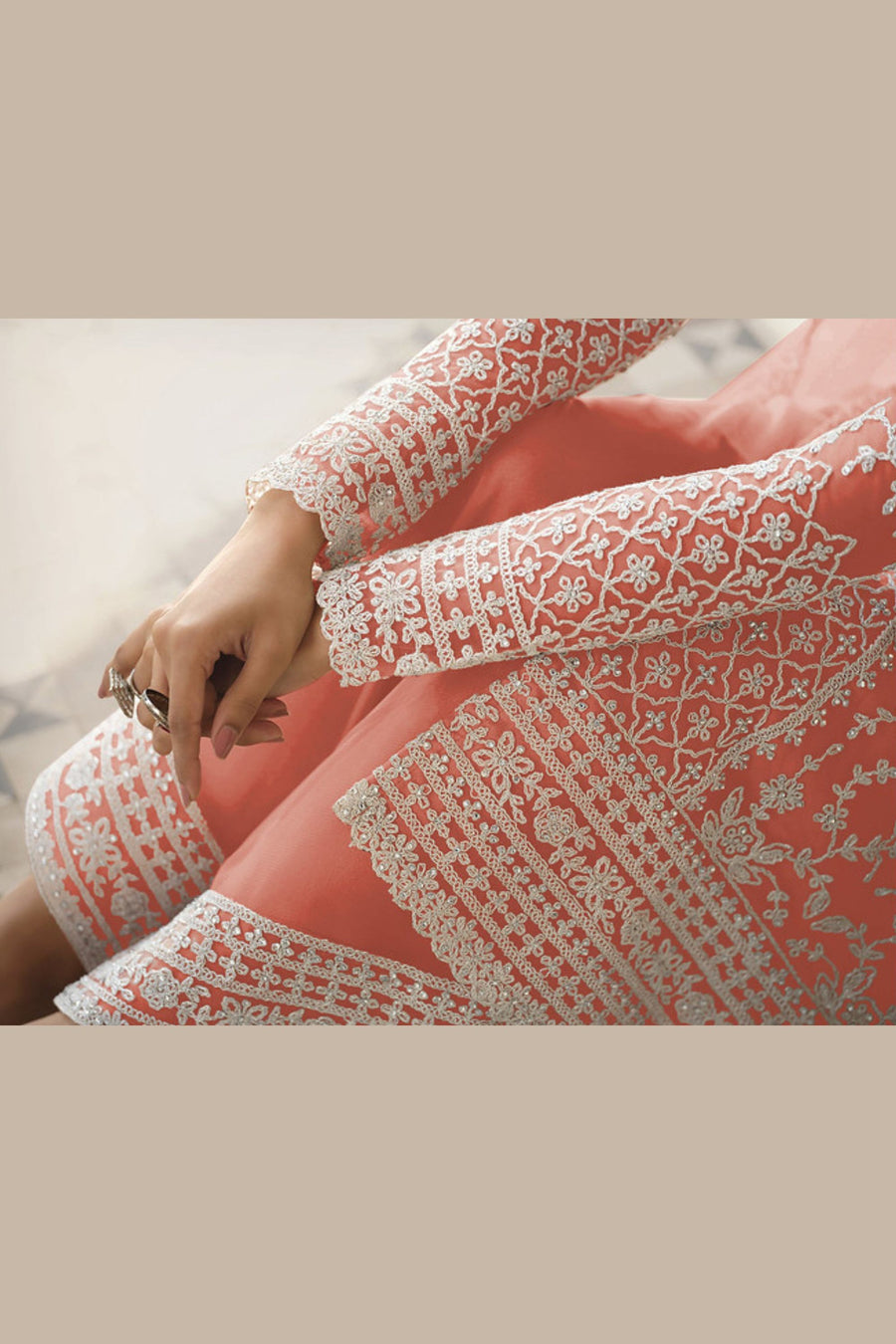 Light Orange Net & Cording Work Salwar Kameez Plazzo Suit For Indian Wedding & Festival - Embroidery Work, Cording Work