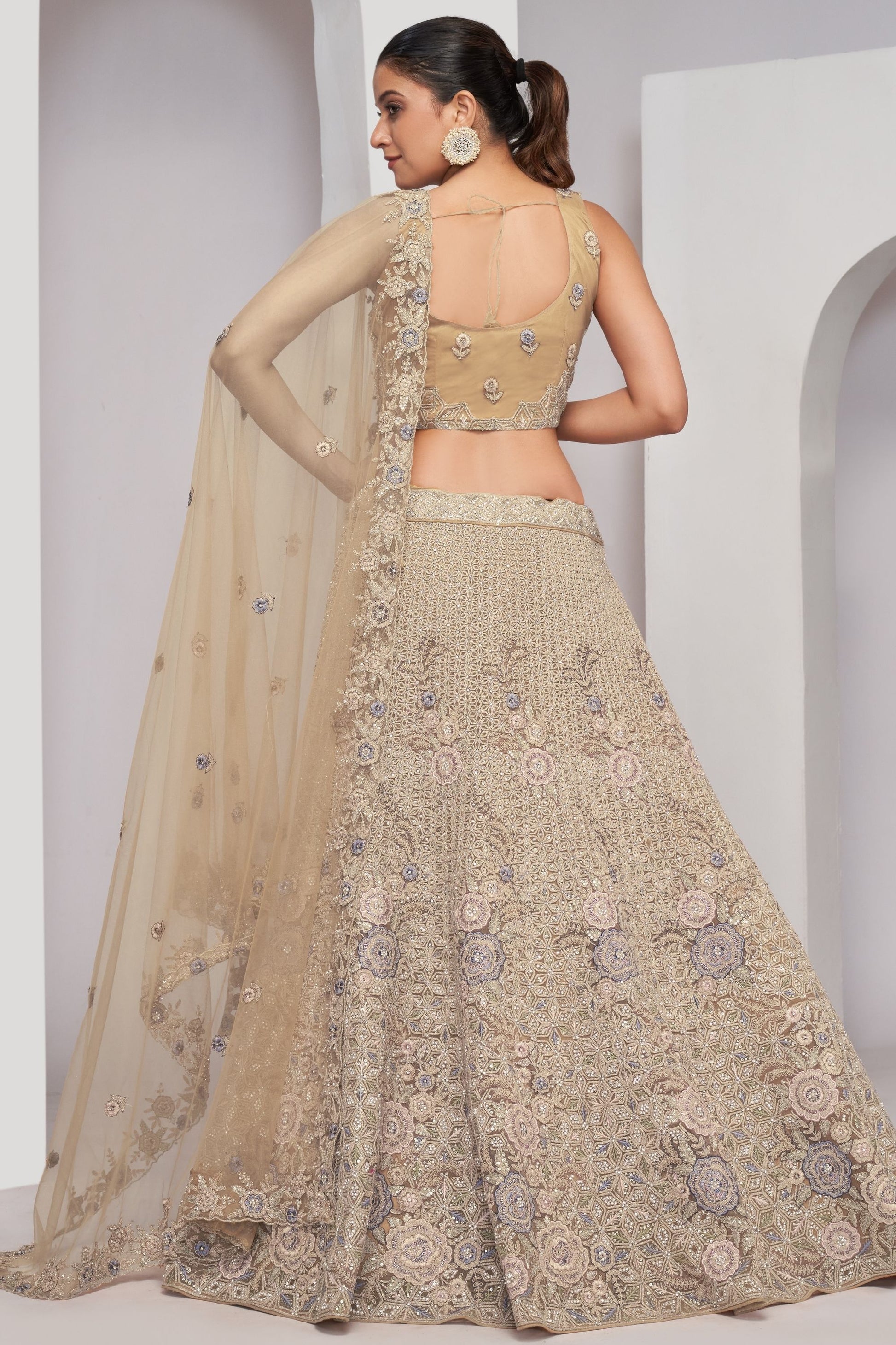 Beige Soft Net Lehenga Choli For Indian Festivals & Weddings - Sequins Work, Dori Work, Zarkan Work