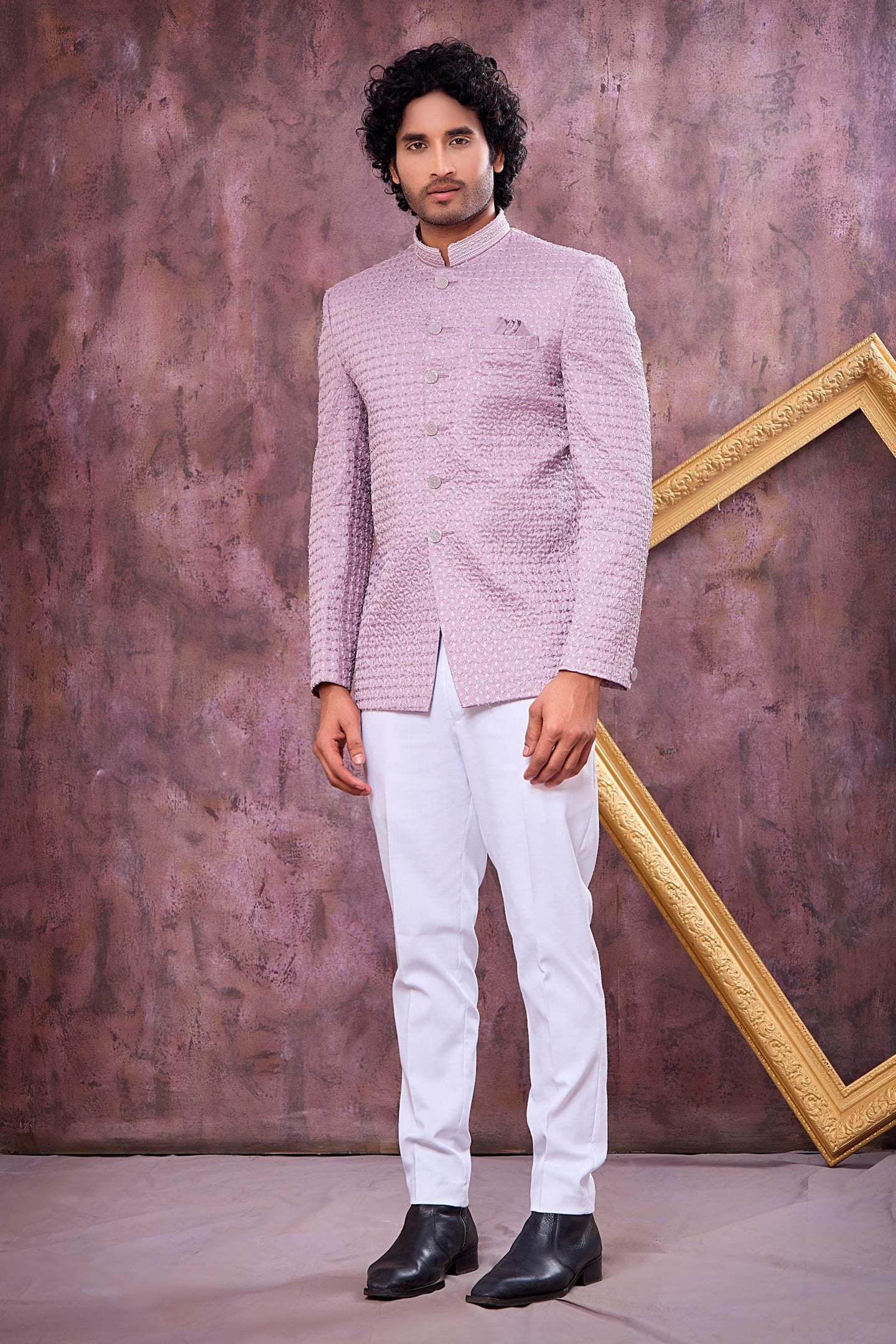 Lavender Art Silk Jodhpuri Bandhgala Suit & Pant with Thread Embroidery Work
