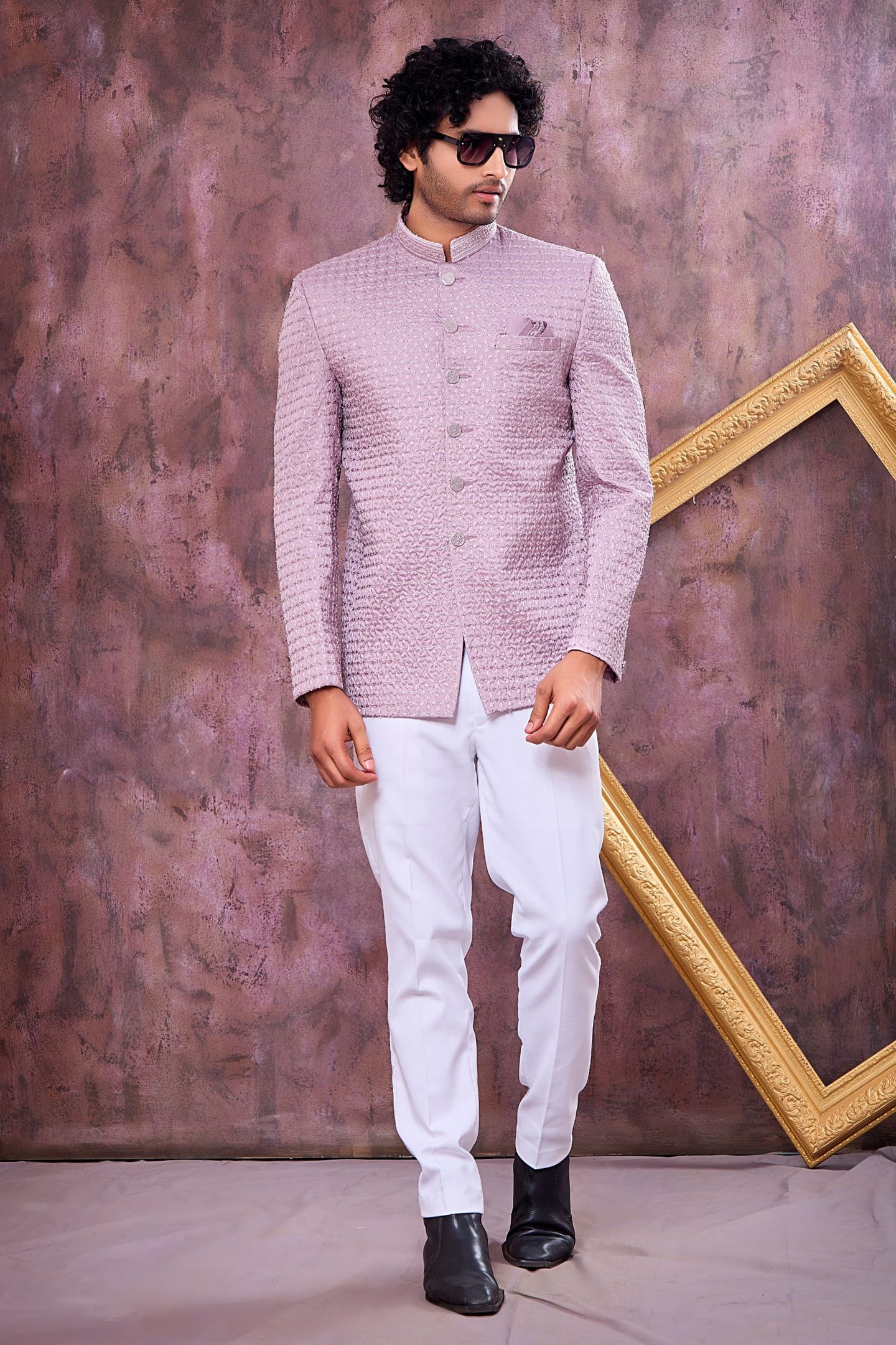 Lavender Art Silk Jodhpuri Bandhgala Suit & Pant with Thread Embroidery Work