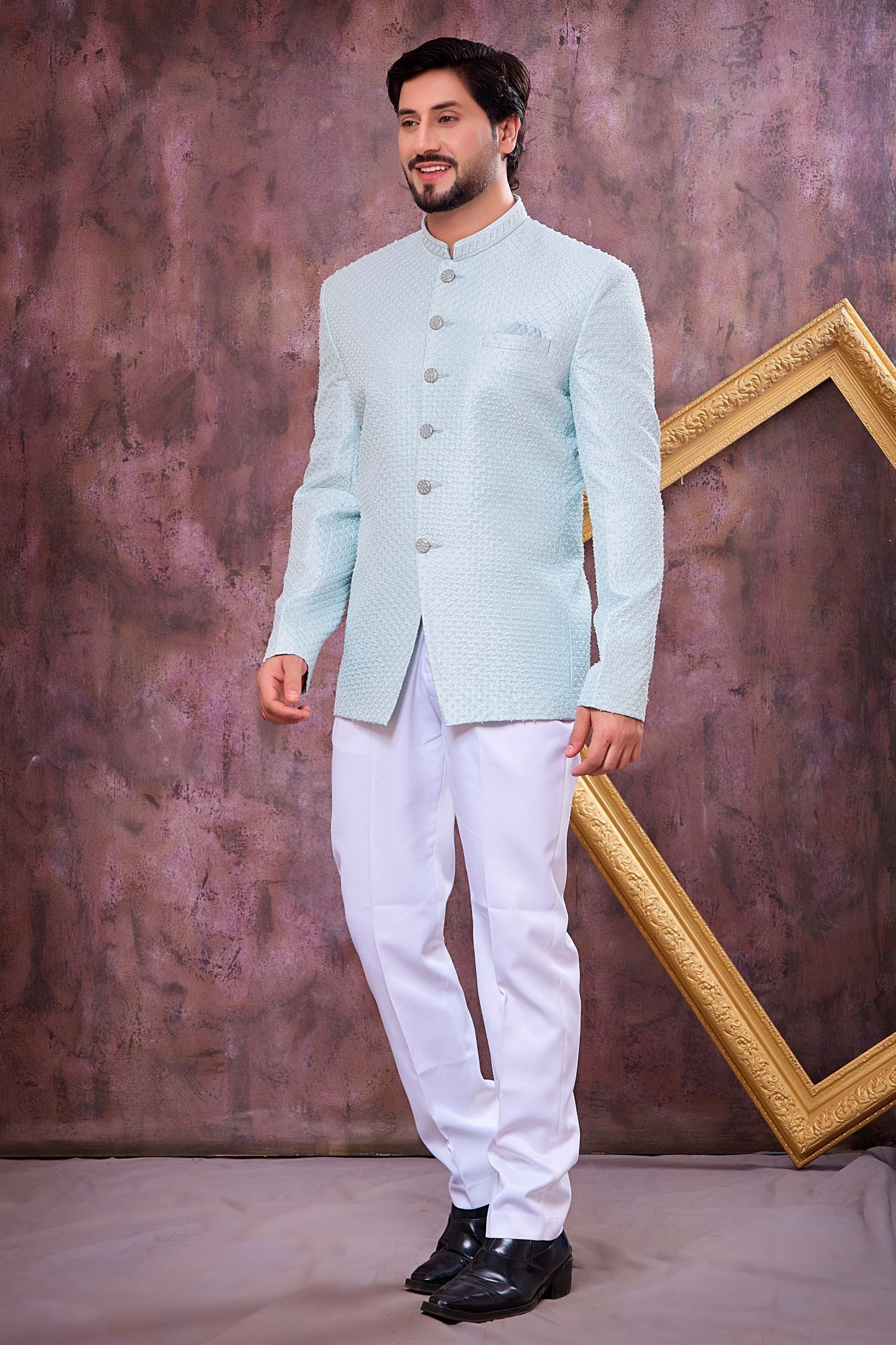 Firozi Art Silk Jodhpuri Suit For Men & Pant with Thread Embroidery Work