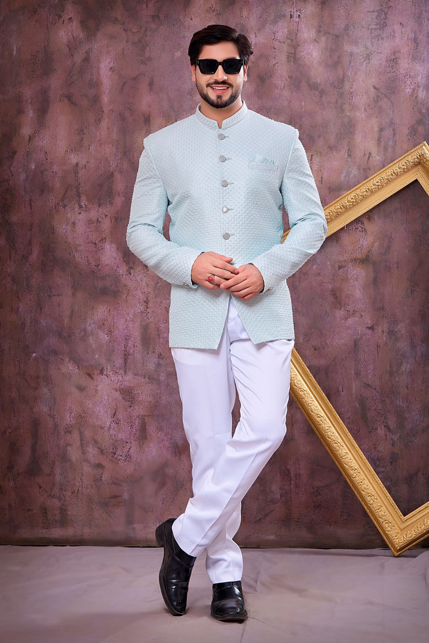 Firozi Art Silk Jodhpuri Suit For Men & Pant with Thread Embroidery Work
