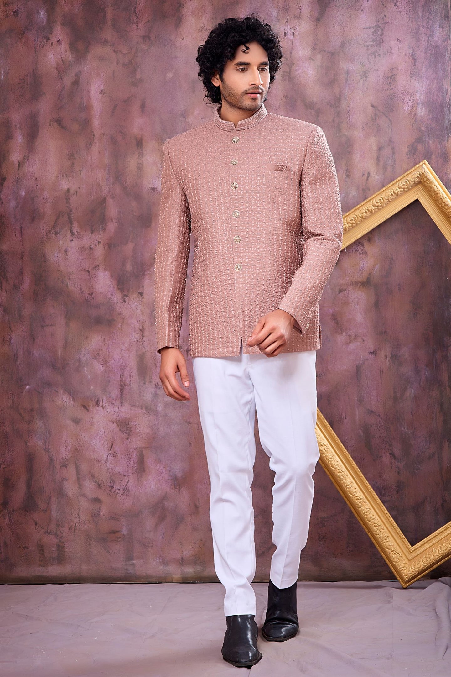 Dark Rose Art Silk Suit For Men Jodhpuri & Pant with Thread Embroidery Work