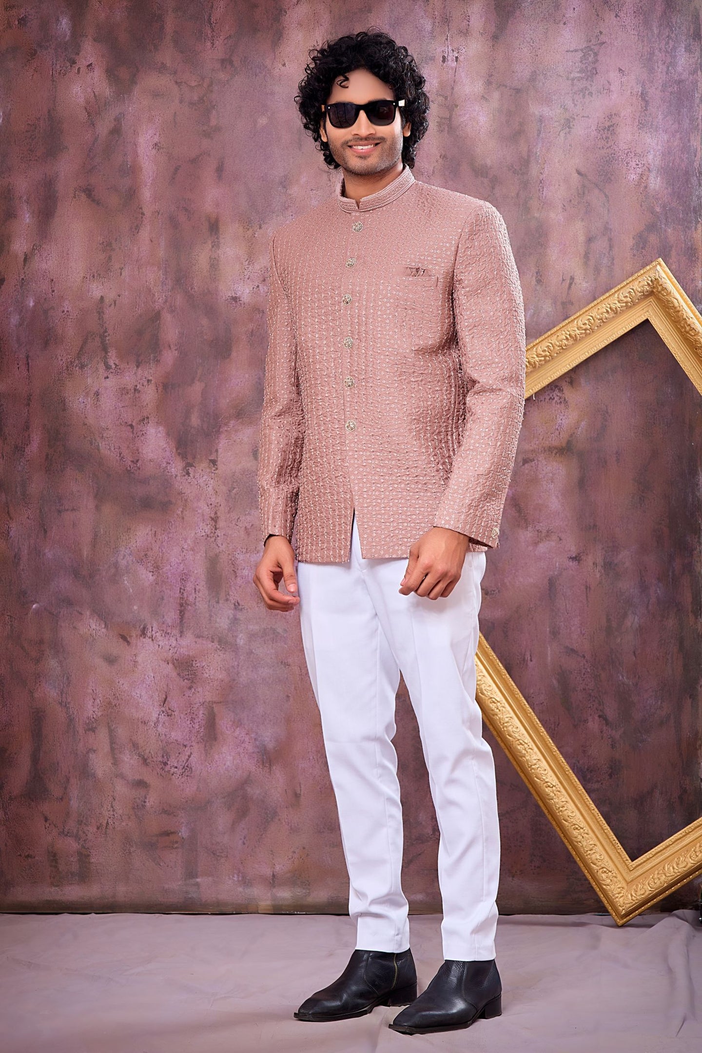 Dark Rose Art Silk Suit For Men Jodhpuri & Pant with Thread Embroidery Work