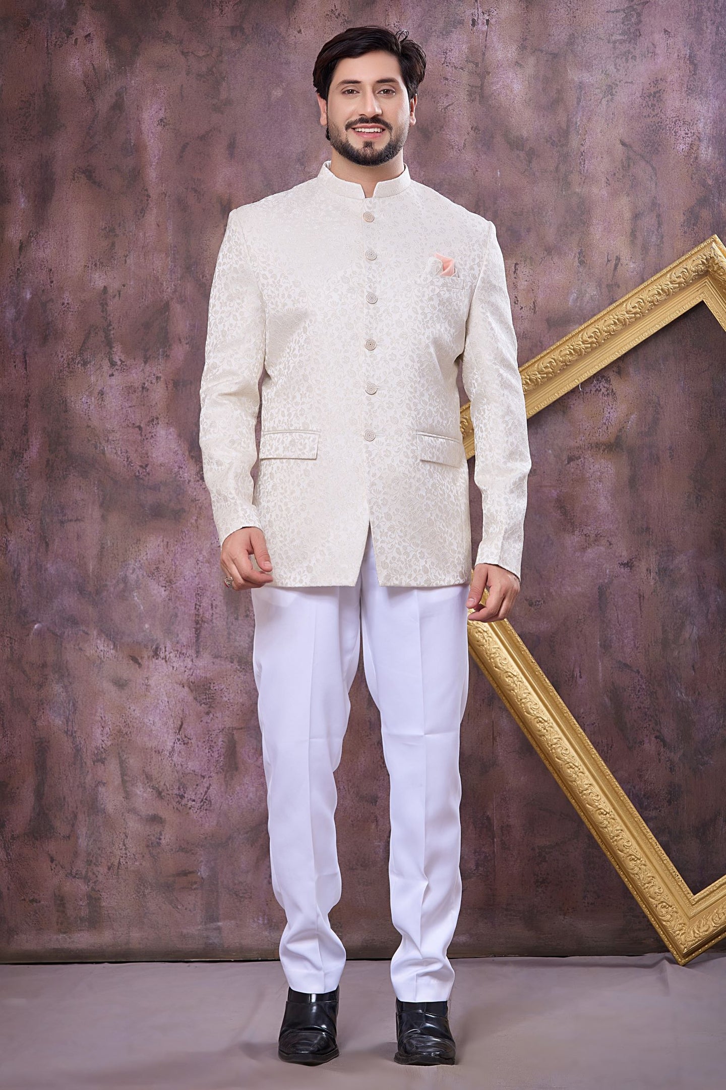 Light Cream Art Silk Jodhpuri Bandhgala Suit & Pant with Woven Work