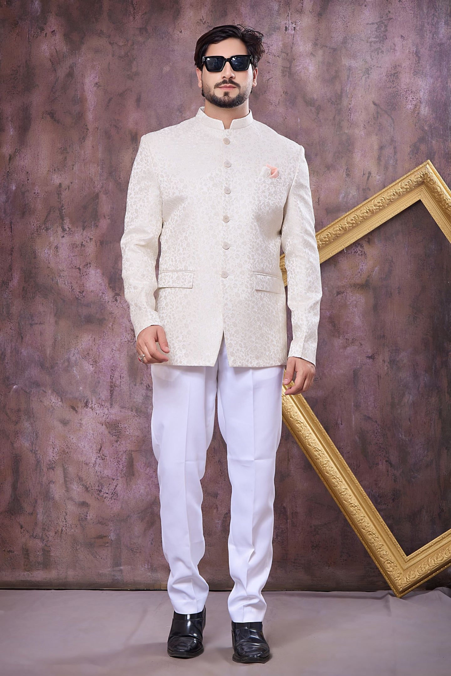 Light Cream Art Silk Jodhpuri Bandhgala Suit & Pant with Woven Work