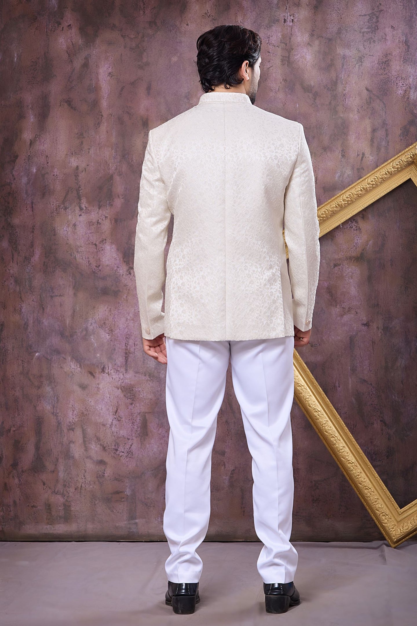 Light Cream Art Silk Jodhpuri Bandhgala Suit & Pant with Woven Work