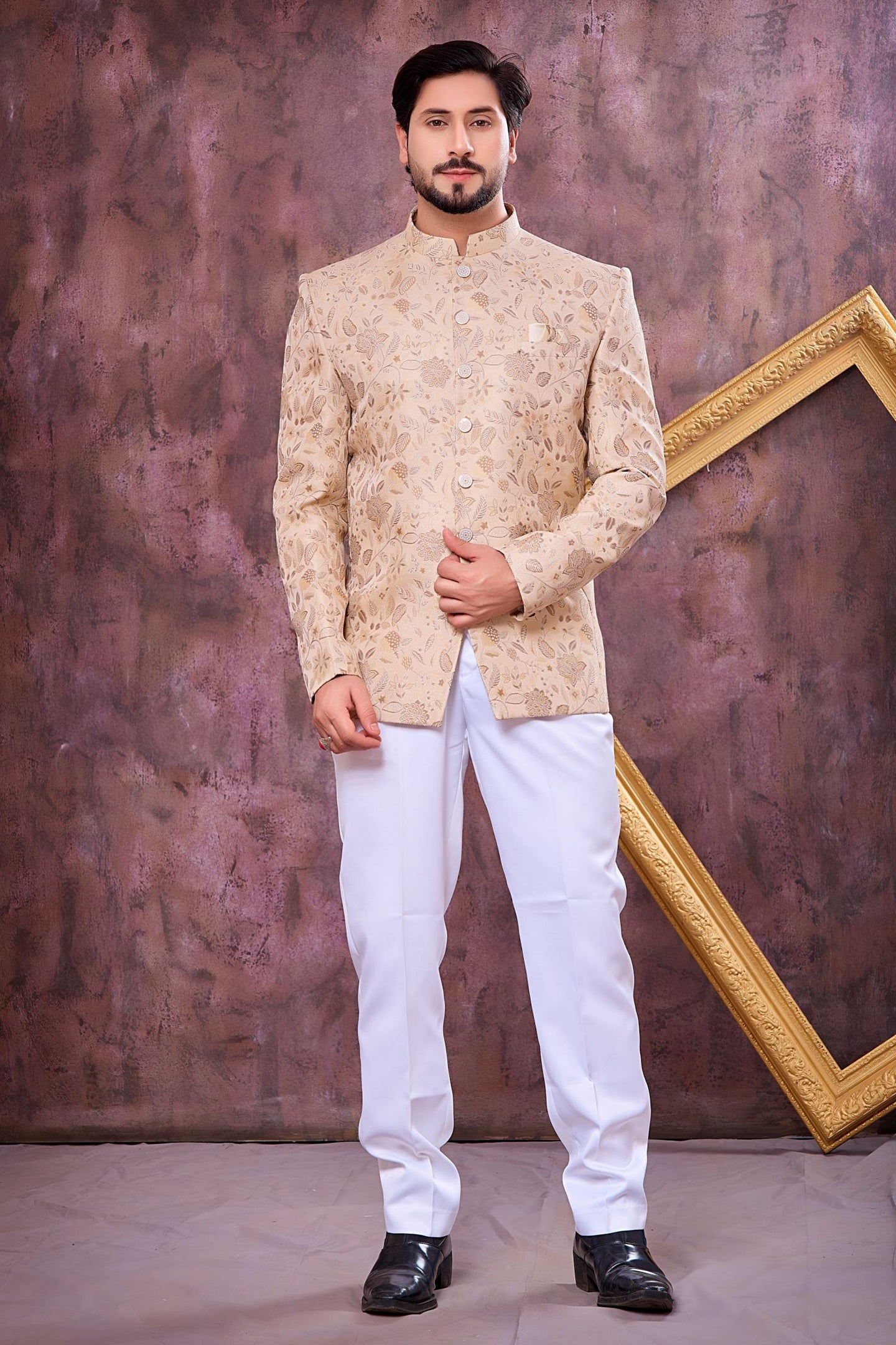 Cream Art Silk Weaving Work Jodhpuri Male Suit & Pant