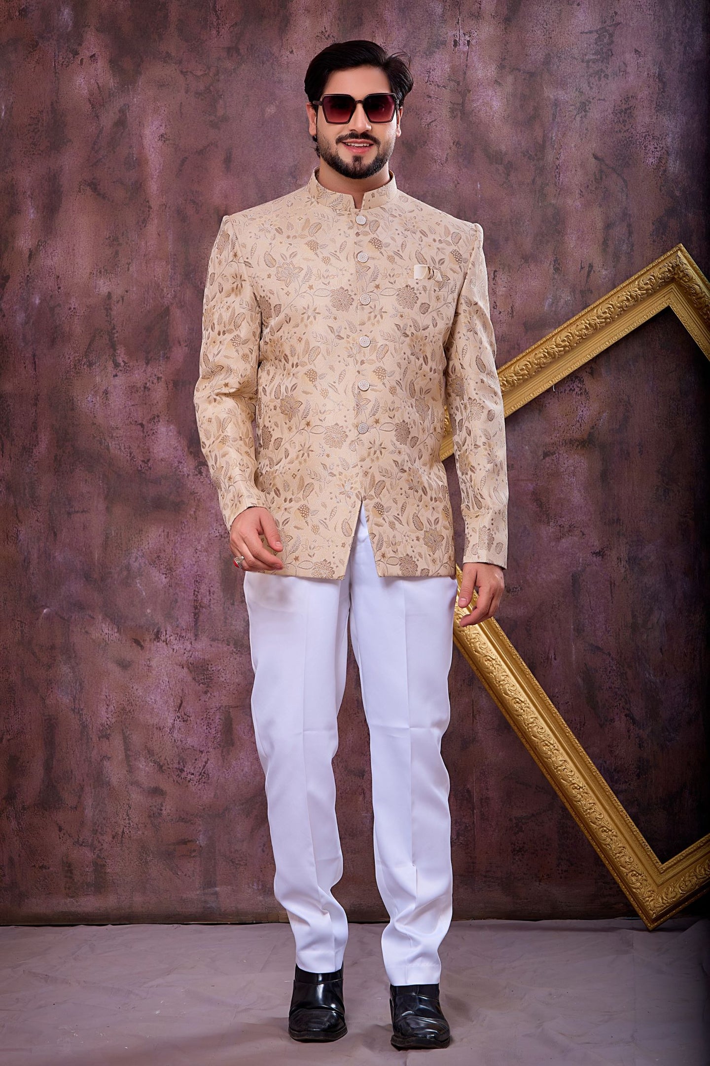 Cream Art Silk Weaving Work Jodhpuri Male Suit & Pant