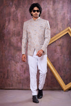 Grey Art Silk Jodhpuri Outfit For Men & Pant with Weaving Work