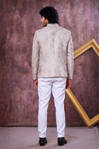 Grey Art Silk Jodhpuri Outfit For Men & Pant with Weaving Work