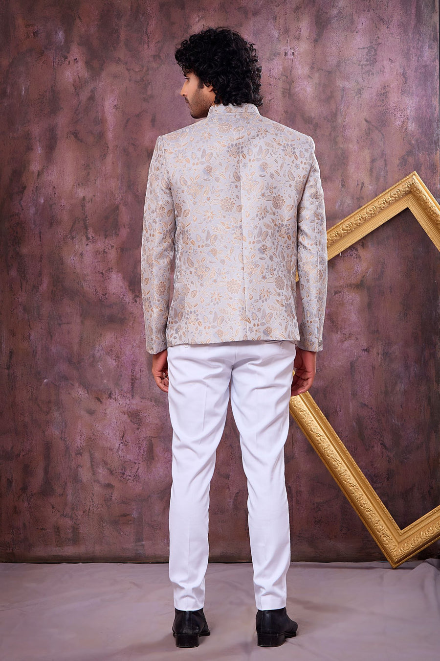 Grey Art Silk Jodhpuri Outfit For Men & Pant with Weaving Work