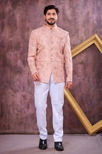Peach Art Silk Weave Work Jodhpuri Suit For Male & Pant