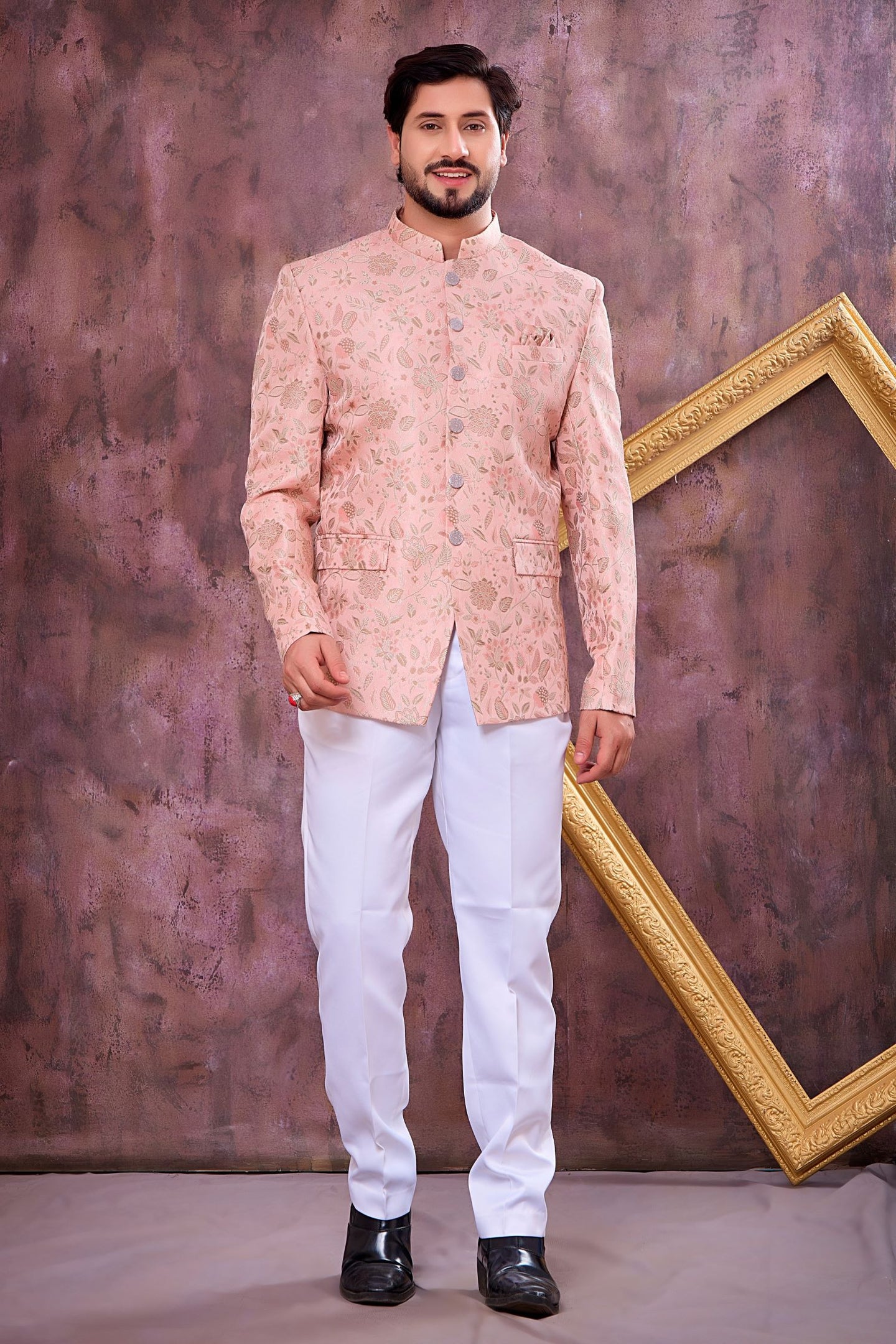 Peach Art Silk Weave Work Jodhpuri Suit For Male & Pant