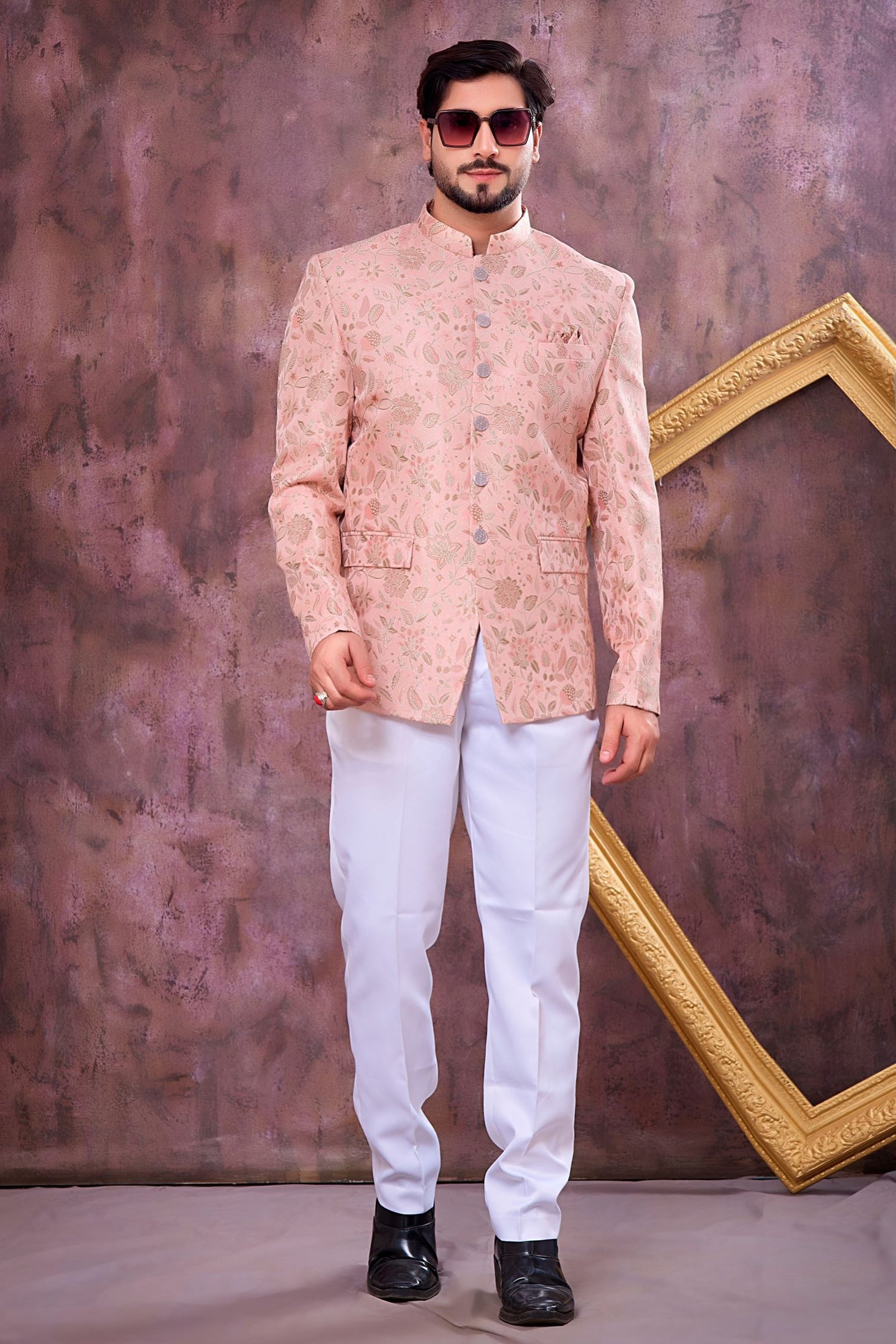 Peach Art Silk Weave Work Jodhpuri Suit For Male & Pant