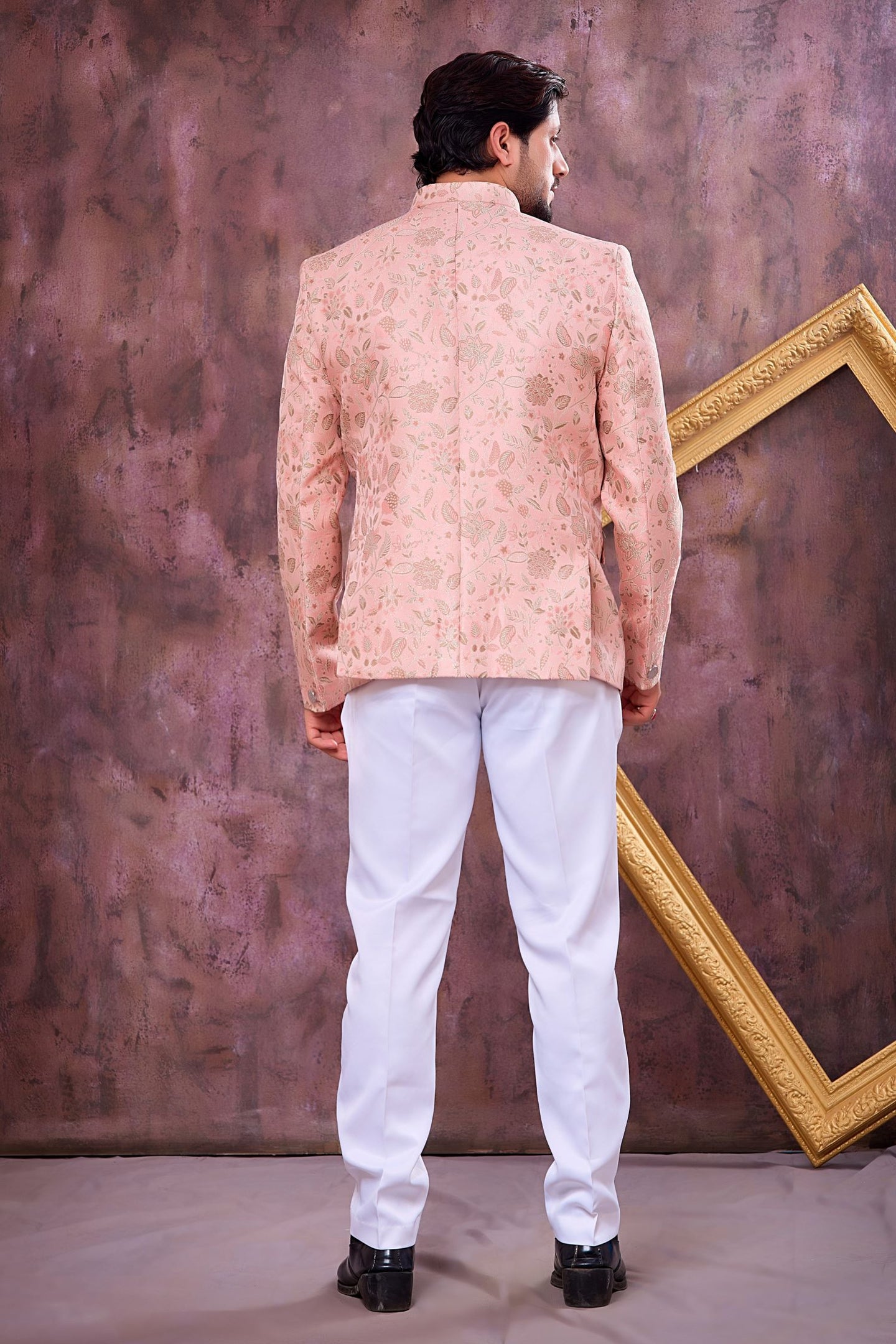 Peach Art Silk Weave Work Jodhpuri Suit For Male & Pant