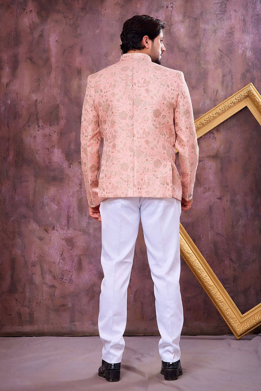 Peach Art Silk Weave Work Jodhpuri Suit For Male & Pant