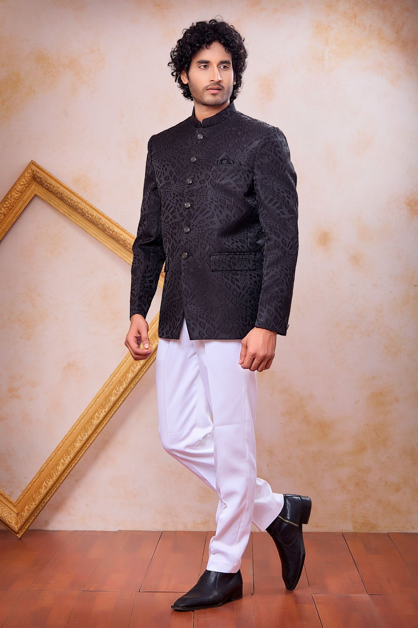 Black Art Silk Weave Work Jodhpuri For Men & Pant