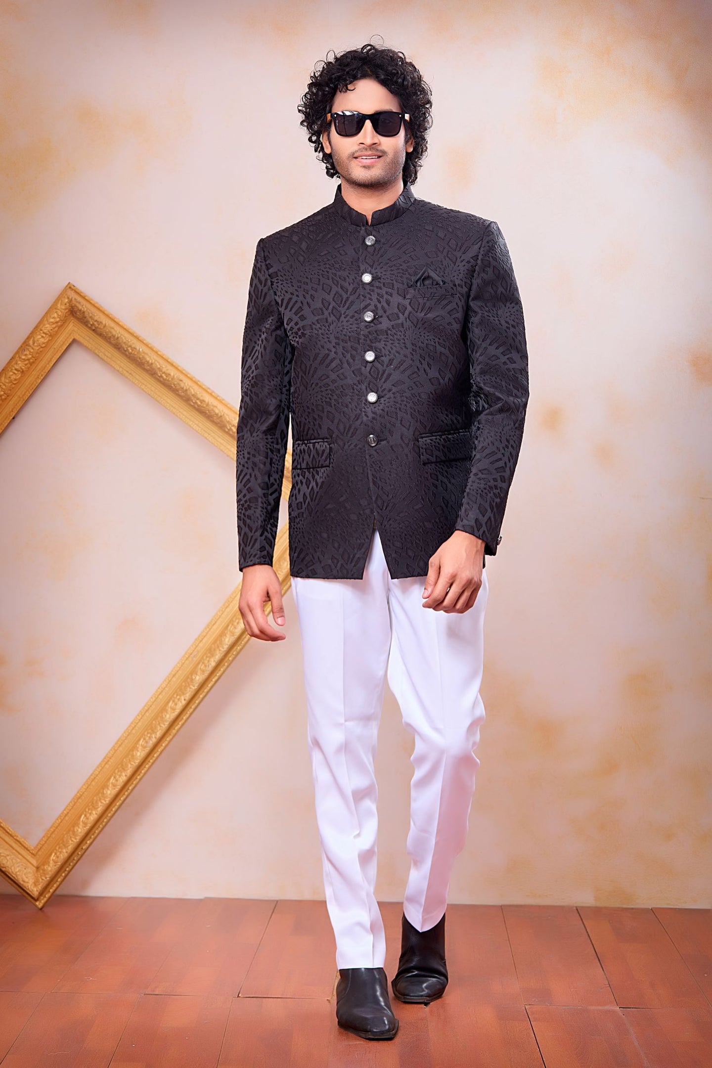 Black Art Silk Weave Work Jodhpuri For Men & Pant