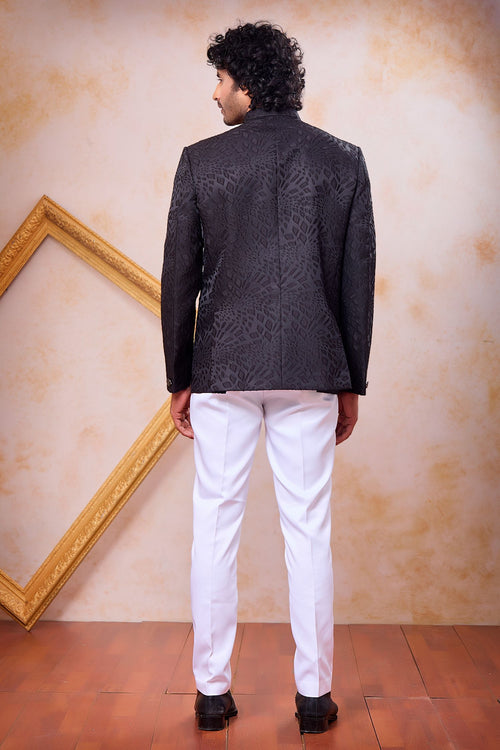 Black Art Silk Weave Work Jodhpuri For Men & Pant