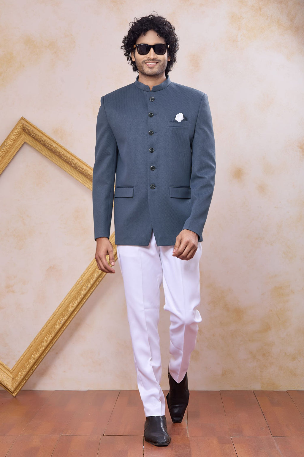 Plain Steel Grey Art Silk Jodh Puri Suit & Pant