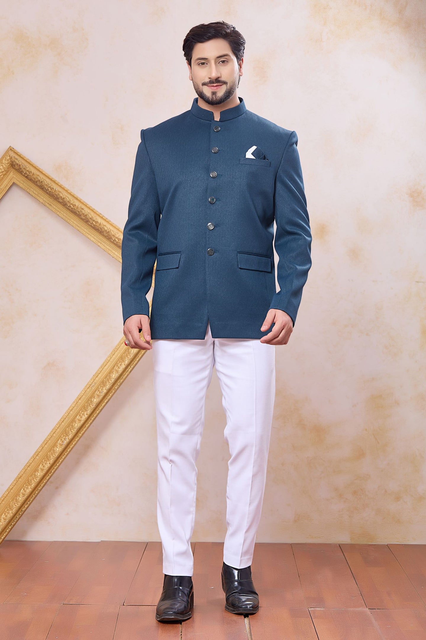 Plain Teal Blue Art Silk Jodhguri Bandhgala Suit & Pant