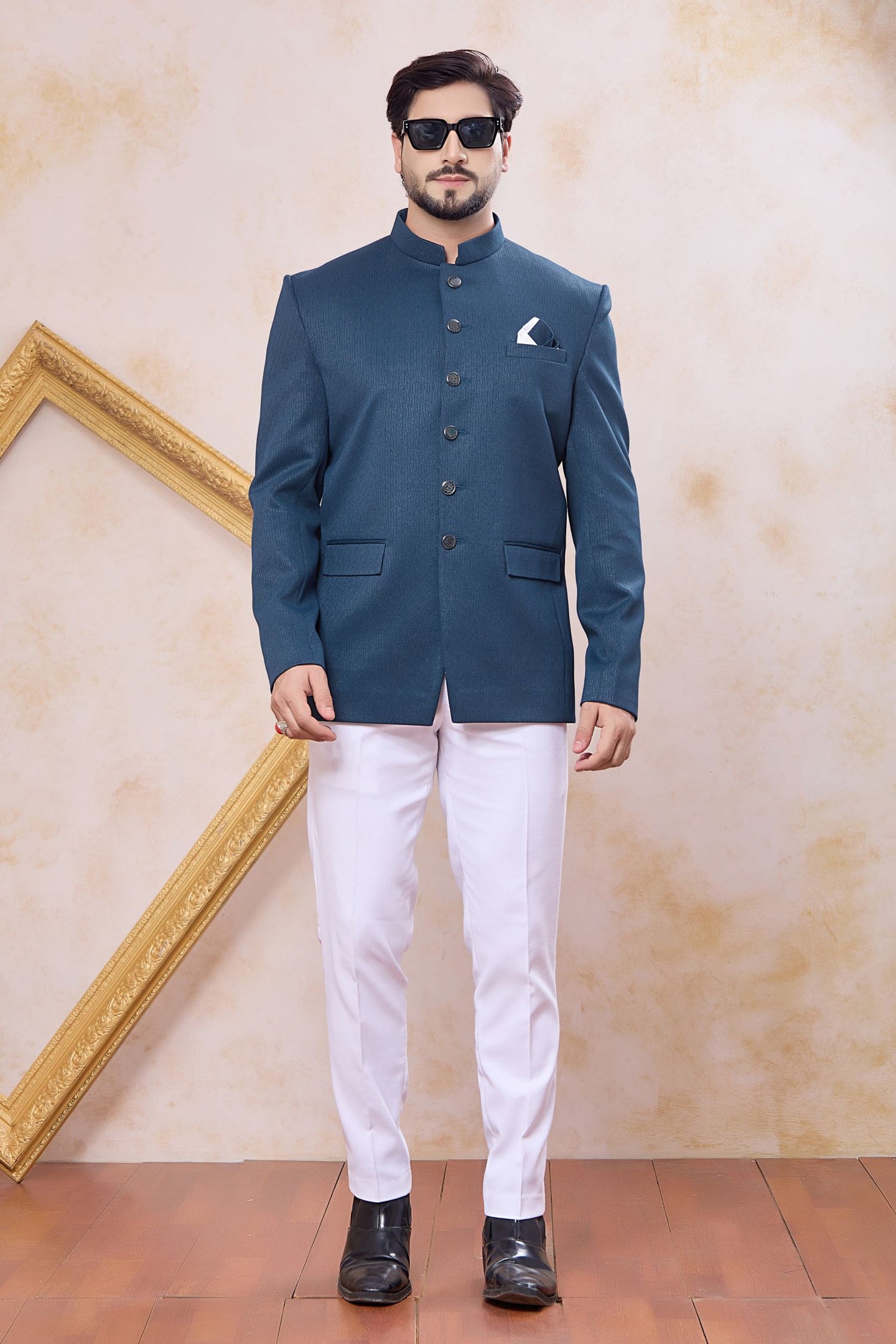 Plain Teal Blue Art Silk Jodhguri Bandhgala Suit & Pant