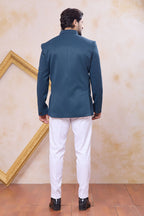 Plain Teal Blue Art Silk Jodhguri Bandhgala Suit & Pant