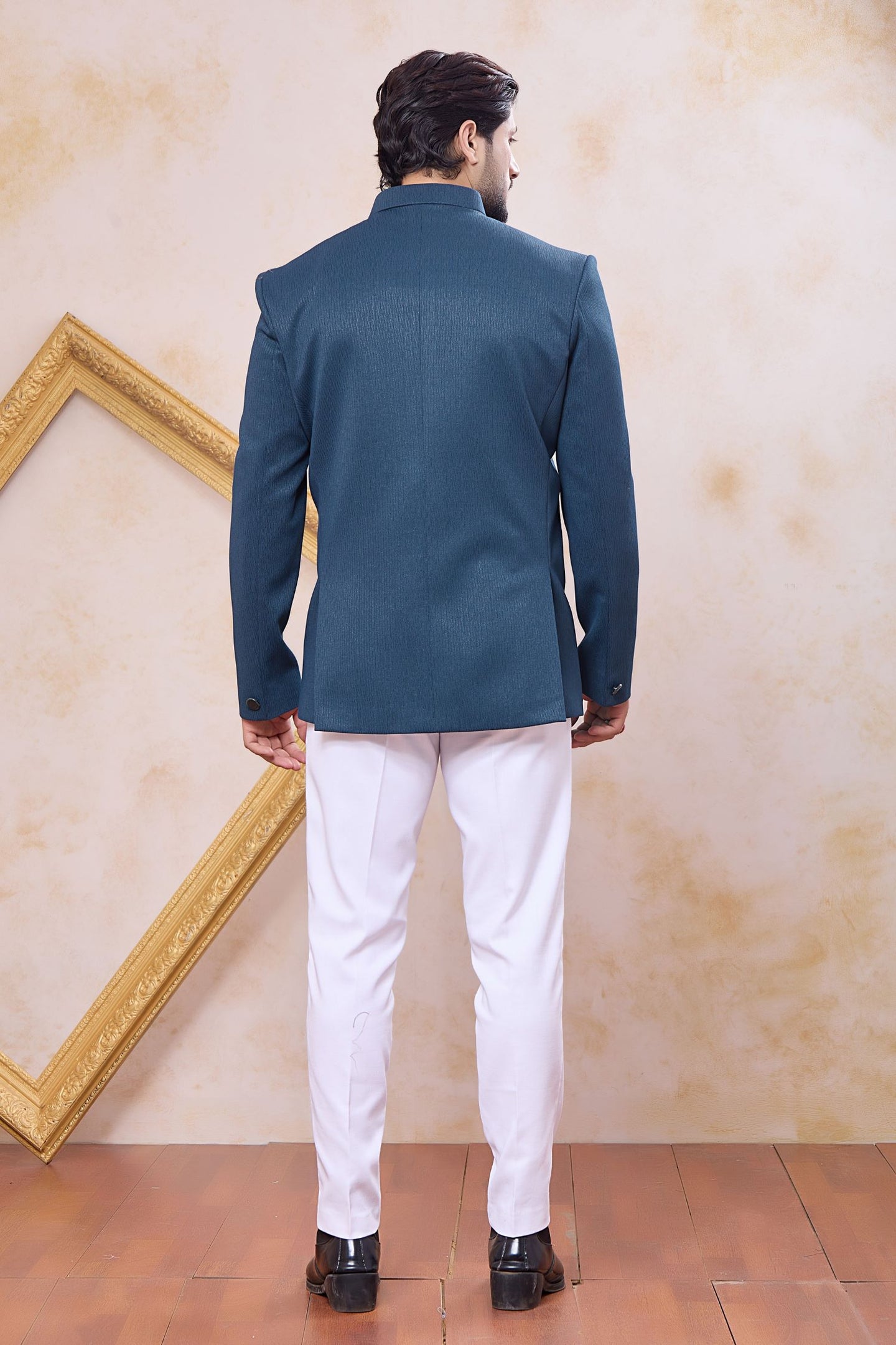 Plain Teal Blue Art Silk Jodhguri Bandhgala Suit & Pant