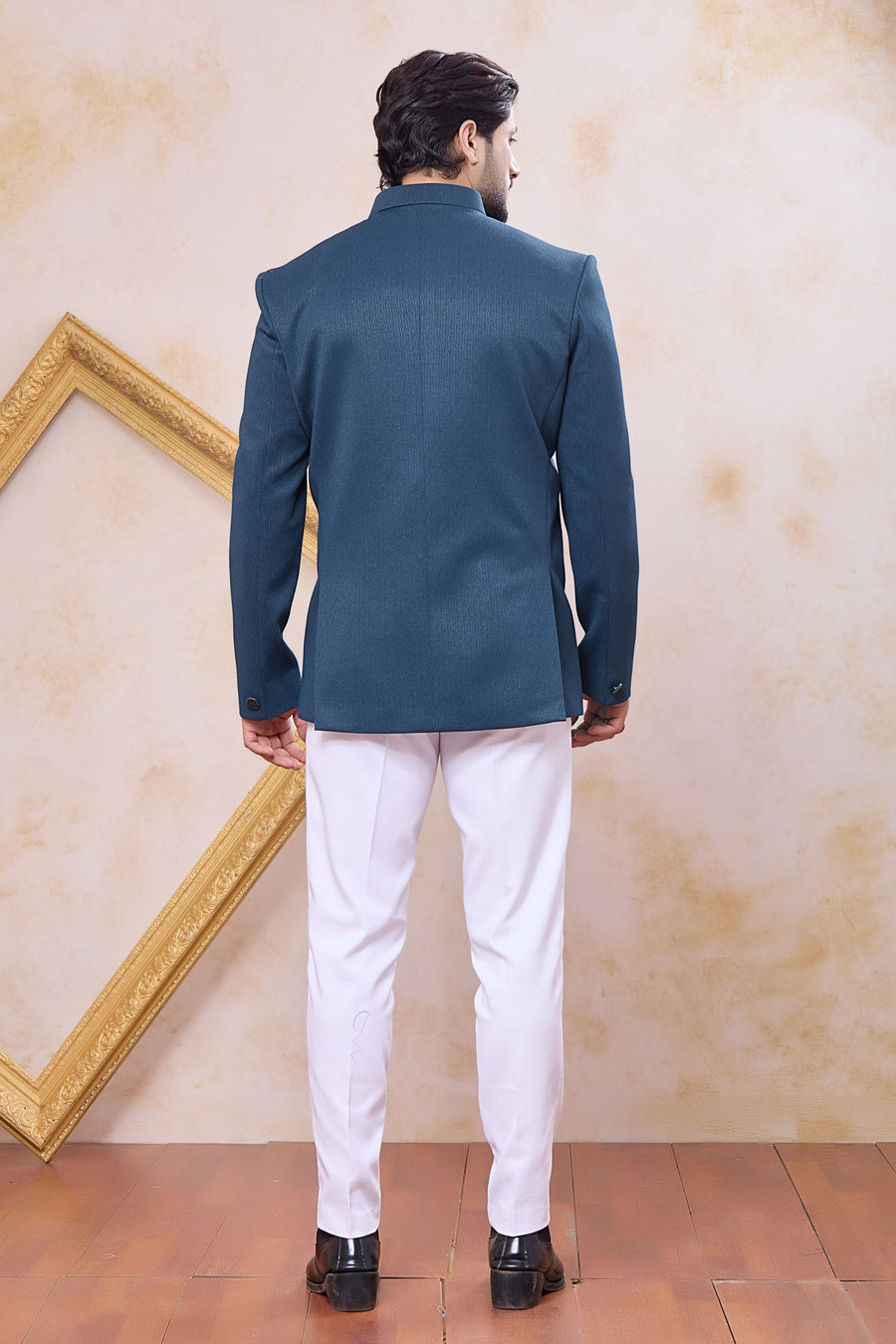 Plain Teal Blue Art Silk Jodhguri Bandhgala Suit & Pant