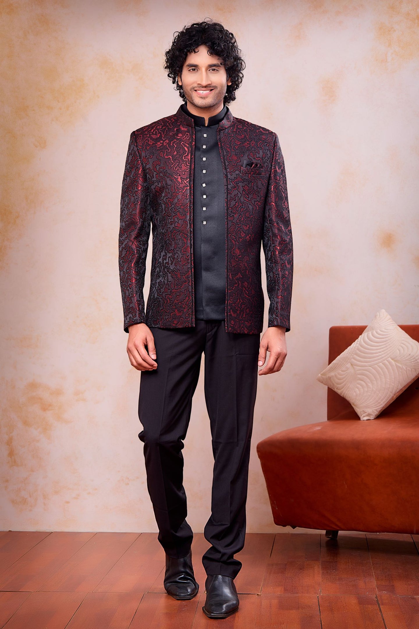 Burgundy Jacquard Traditional Indian Attire Men Jodhpuri 3 Piece Suit with Weaving Work